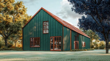 Sleek farmhouse with vertical jade green paneling and rust-colored window trim, on ivory grass and...