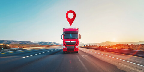 Cargo truck on the road with a geotag above the cabin, front view