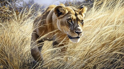 Naklejka premium A close-up of a lioness moving stealthily through the tall savannah grass, her golden fur blending into the landscape as she hunts.