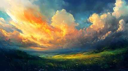 Naklejka premium Dreamlike impressionist style landscape featuring abstract cloud formations ethereal lighting and vibrant hues capturing the essence of the Romanticism era in a serene pastoral setting