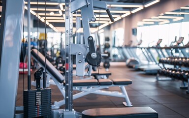Modern gym interior with exercise equipment, including weight machines, treadmills, and dumbbells.