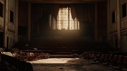 Obraz premium An abandoned auditorium with sunlight streaming through dusty windows, highlighting decay.