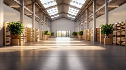 Spacious modern interior with natural light highlighting wooden shelves and greenery, perfect for various design or architecture projects.