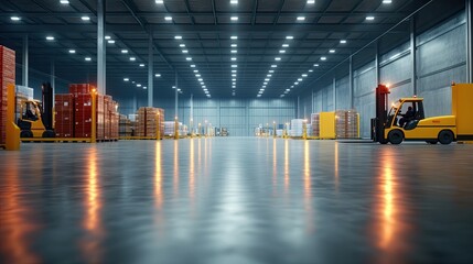Spacious warehouse interior with bright lighting, stacked pallets, and a forklift ready for efficient material handling.
