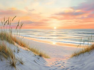 A serene pastel hued beach scene with a picturesque sunset and a gentle breeze tranquil ocean panorama with a golden horizon plush sandy dunes dotted with sea oats