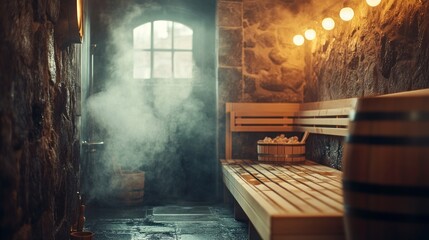 A serene sauna interior with steam, wooden benches, and a warm ambiance.