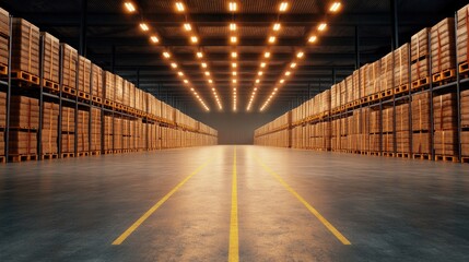 Spacious warehouse interior with illuminated storage shelves and empty aisle, perfect for logistics and inventory management.