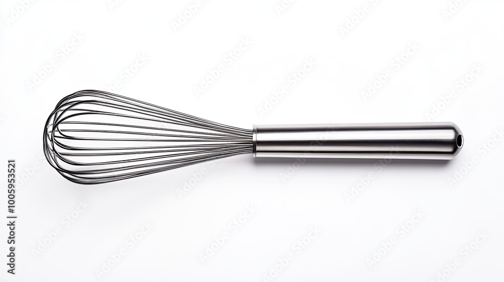 Wall mural stainless steel whisk on a white background, ideal for mixing ingredients in cooking and baking acti