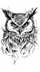 Fototapeta premium Owl head with tribal designs in a drawing book style.
