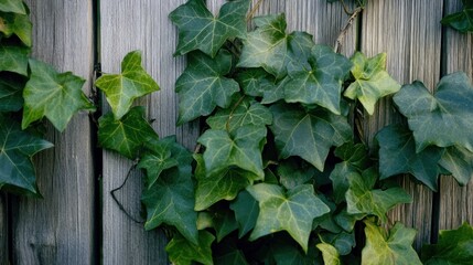 Green ivy leaves climbing a wooden fence, showcasing nature's beauty and resilience.