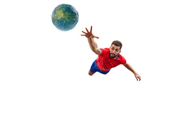 Young competitive and focused man, professional handball player in motion during game, catching...