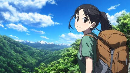 Naklejka premium Anime Girl Hiking in the Mountains.