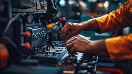 A close-up of an engineer hands adjusting controls on a large machine in a high-tech industrial environment.