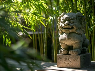 Obraz premium Carved stone Pixiu statue placed at the entrance of a serene bamboo forest with warm sunlight casting long shadows through the lush green leaves