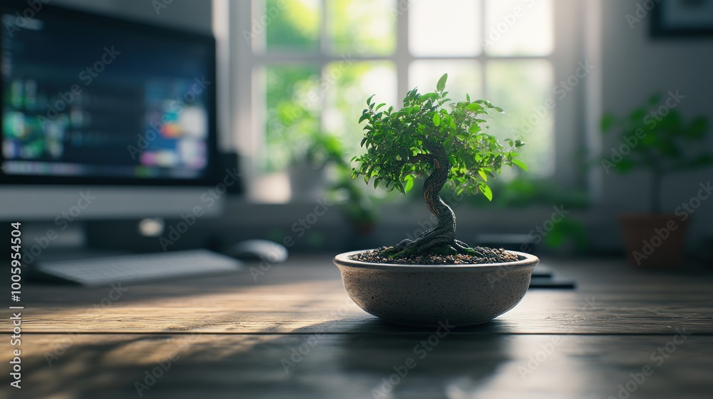 Poster A small bonsai tree on a wooden desk with a computer in a well-lit room.