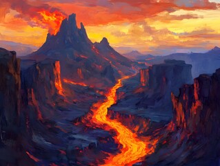 Fototapeta premium Towering volcanic peaks and jagged rock formations carved by tectonic forces with rivers of glowing lava carving through the desolate and untamed natural landscape