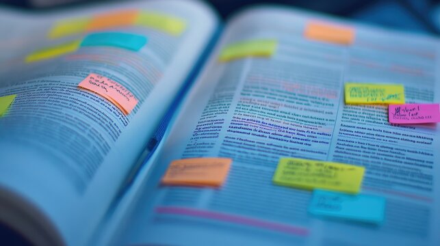 A close-up of an open textbook with highlighted passages and sticky notes, emphasizing the importance of effective studying techniques.