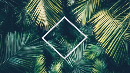 A minimalistic design featuring a diamond shape over lush green palm leaves.