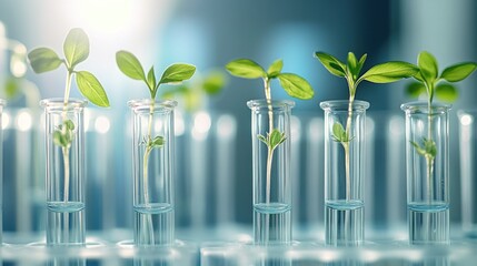 Test tubes with growing plants, symbolizing research and sustainability in science.