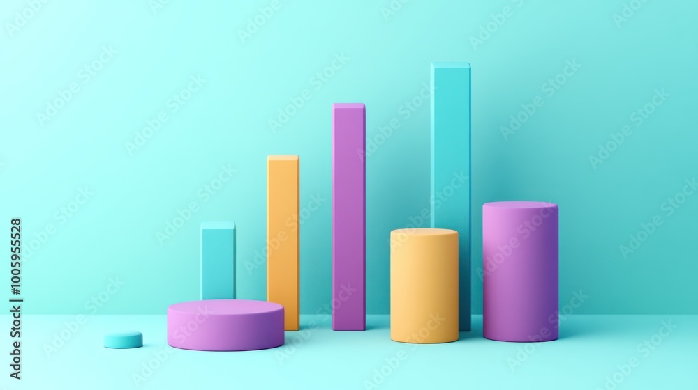 Wall mural colorful 3d bar graphs on a pastel background representing data visualization.