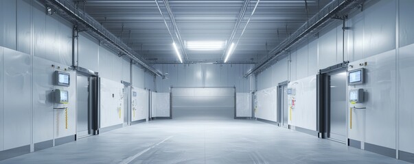 Workers organizing massive crates in a refrigerated warehouse filled with products under bright fluorescent lights