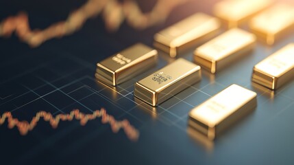 Fototapeta premium Shining Golden Bars Resting on Investment Charts in Bright Light - Financial Success Concept