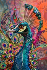 Obraz premium Peacock head in conceptual art featuring colorful tribal ornaments.