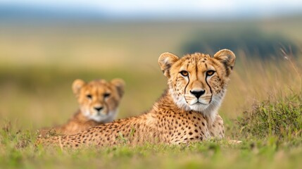Obraz premium Two cheetahs resting together in a lush, green landscape, embodying elegance and grace in their natural habitat.
