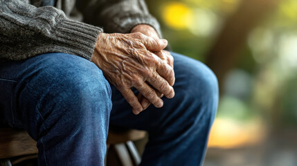Hands of an elderly person with inflamed joints. Rheumatoid Arthritis Awareness Day. Problem of antimmune diseases. Rheumatoid arthritis symptom on human joints and bones. Copy space