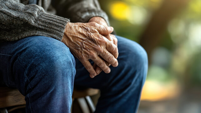 Hands of an elderly person with inflamed joints. Rheumatoid Arthritis Awareness Day. Problem of antimmune diseases. Rheumatoid arthritis symptom on human joints and bones. Copy space