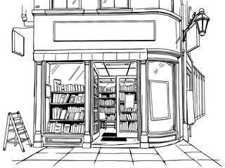 Black and white quaint bookstore for coloring. 
