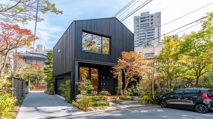 Modern black house surrounded by greenery and urban landscape.