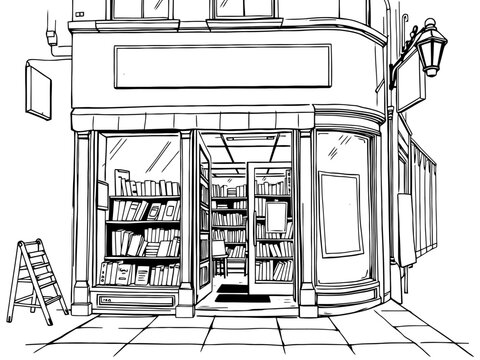 Black and white quaint bookstore for coloring. 