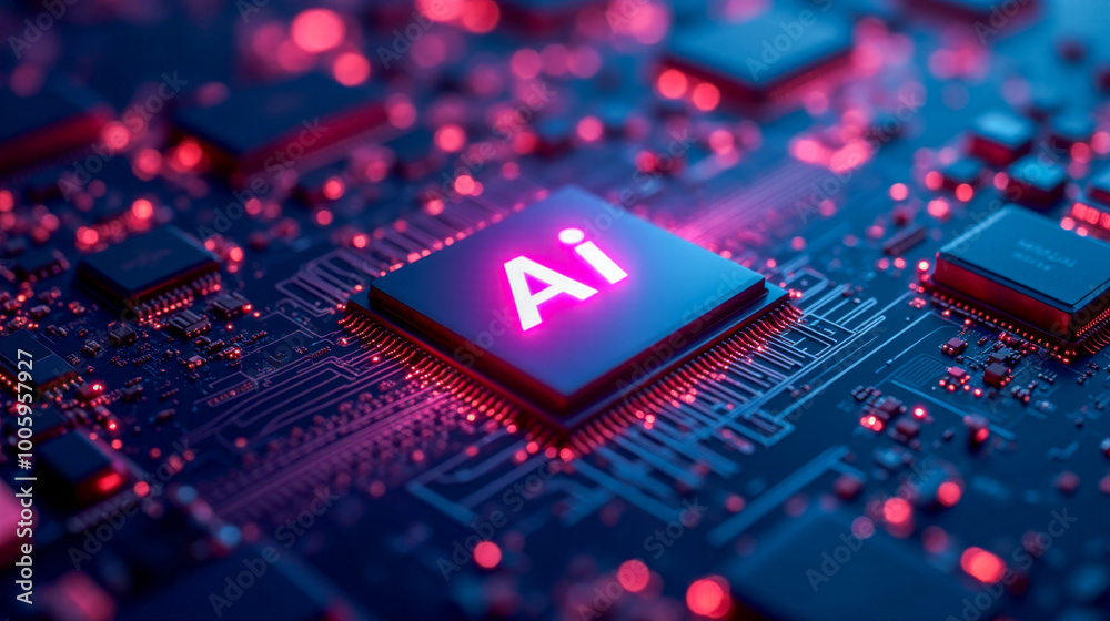 Poster artificial intelligence processor chip on motherboard electronic components computing hardware techn