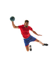 Naklejka premium Full-length dynamic image of competitive young man, handball player in motion, playing with focus isolated on white background. Concept of sport, active and healthy lifestyle, hobby