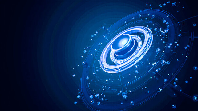 Abstract model digital illustration, electron orbits, science concept art, blue neon glow, futuristic technology background, atomic structure representation