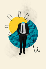 Vertical photo collage of headless anonym businessman wear formal suit summer sun sand weekend...