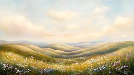 Pastel Inspired Landscape with Soft Muted Tones Rolling Hills and Delicate Wildflowers Scattered Throughout a Peaceful Tranquil Countryside Setting with Wispy Clouds Hovering Above