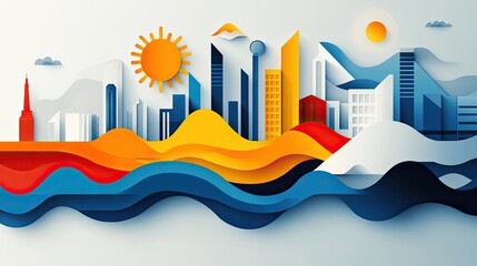 Vibrant abstract cityscape with bold colors, featuring distinct buildings, sun, clouds, and waves, perfect for modern design projects.