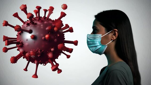 Masked woman and animated red virus on neutral background