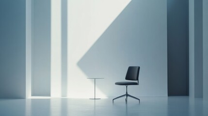 A minimalist setting featuring a chair and table with dramatic lighting and shadows.