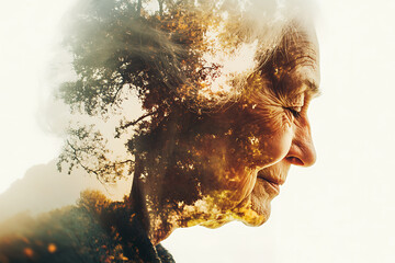 A heartwarming double exposure image of a loving old woman and old man, blending their faces to symbolize the deep bond, tenderness, and lifelong connection they share