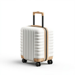 Modern white suitcase with wooden accents and four wheels on white background