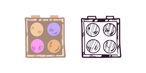 Flat and doodle style eyeshadow palette, beauty cosmetic element, self care. Illustration for beauty salon, cosmetic store, makeup design. Doodle sketch style.