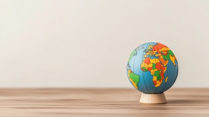 A colorful globe resting on a wooden surface, symbolizing geography, exploration, and global awareness.