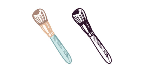 Flat and doodle style cosmetic brush, beauty cosmetic element, self care. Illustration for beauty salon, cosmetic store, makeup design. Doodle sketch style.