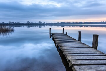 Naklejka premium Serene and Atmospheric Lakeside Landscape with a Wooden Jetty and a Mirrored Reflection of the Sky Featuring Soft Pastel Shades an Experimental Photography Technique and a Romantic Era Influence