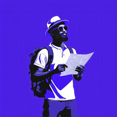 Obraz premium Tourist holding a map icon on a lavender background 