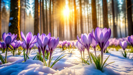 Lilac and purple crocuses blooming in the snow with sun filtering through trees in a spring forest clearing