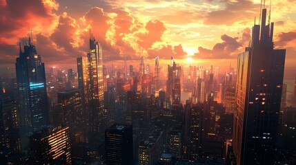 Naklejka premium Dramatic and Captivating Skyline of Towering Illuminated Skyscrapers Silhouetted Against a Vibrant Cloudy Sunset with Hues of Orange and Pink Showcasing a Cinematic and High Definition Urban Cityscape